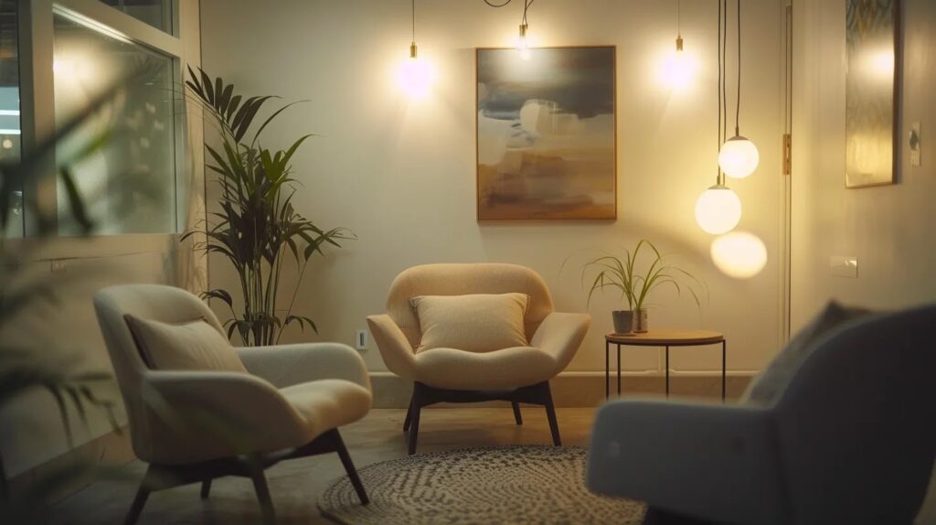 a focused interior shot of a modern therapy room featuring a cozy seating arrangement, soft ambient lighting, and abstract art, symbolizing the transformative journey of recovery through cognitive behavioral therapy in addiction treatment.