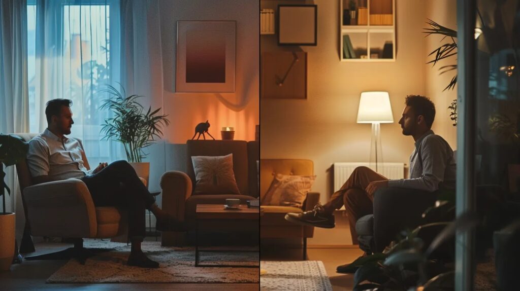 a split-screen image in a modern therapy office, one side showcasing a focused therapist facilitating a cognitive behavioral therapy session with structured notes and visual aids, while the other side depicts a traditional counselor engaging with a client in a warm, intimate setting, surrounded by personal mementos and soft lighting, illustrating the contrasting approaches to addiction treatment.