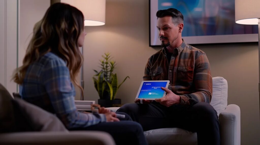 a modern office setting featuring a professional therapist and a client engaged in a focused discussion, with a sleek tablet displaying interactive cognitive behavioral tools, emphasizing the personalized approach to addiction recovery.