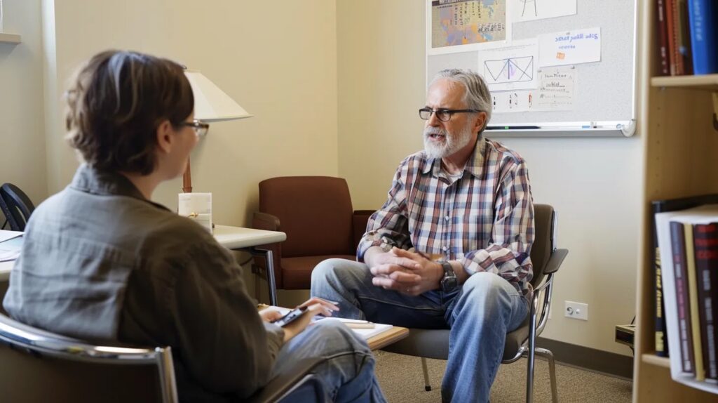 a focused counselor sits across from a client in a warmly lit, modern office, attentively engaging in a deep conversation about personal history and emotional context, with a whiteboard covered in therapeutic techniques visible in the background.